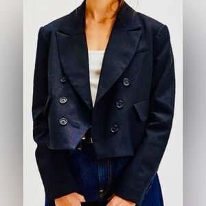 Free People Betty Cropped Blazer Navy Blue Double Breasted Shawl Collar Womens L